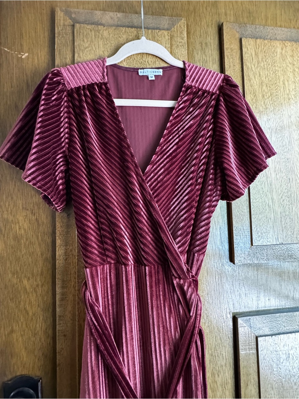 Baltic Born Ribbed Velvet Wrap Midi Dress in Burgundy